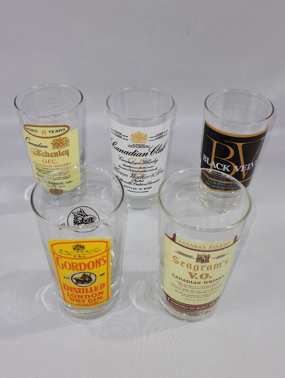 Vintage Whiskey Beer Glass Set 5 Schenley Black Velvet Gordons Canadian Club